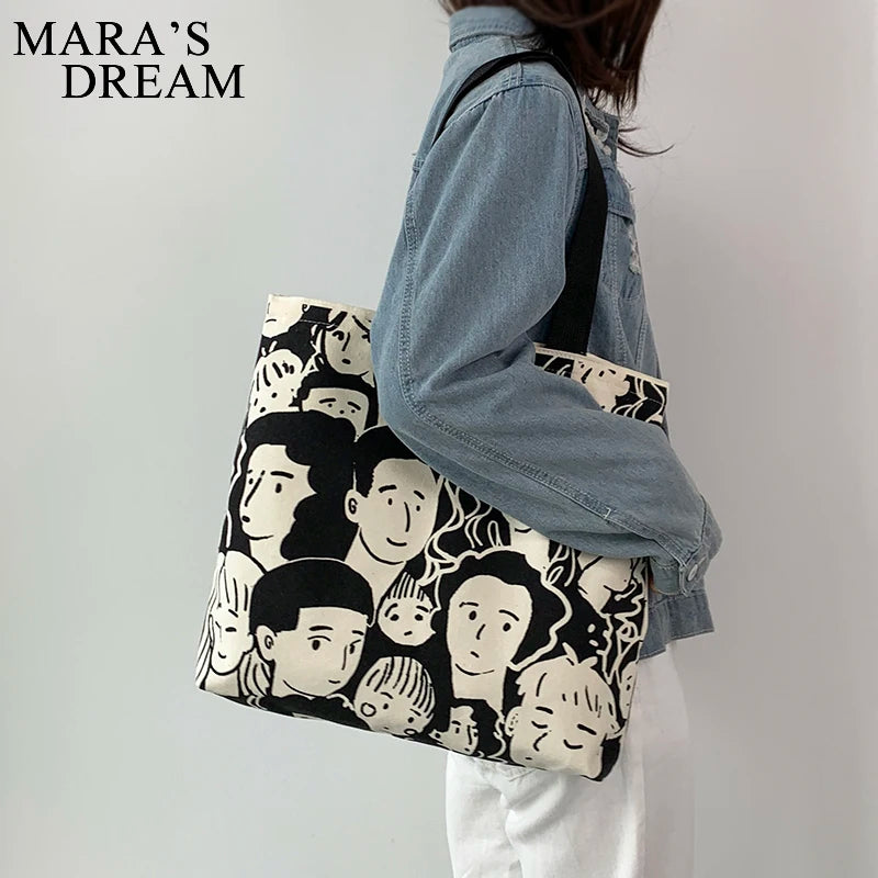 Mara's Dream Cartoon Painting Tote Shopping Bags Large Canvas Shoulder Bags