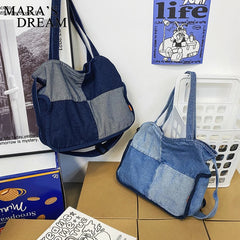 Mara's Dream Denim Top-Handle Tote Bag Women Casual Soft Shoulder Bag
