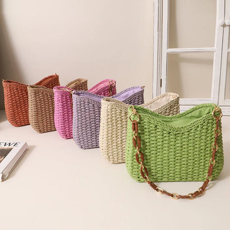 Matcha Green Purple Underarm Bags Women Woven Totes Handbags