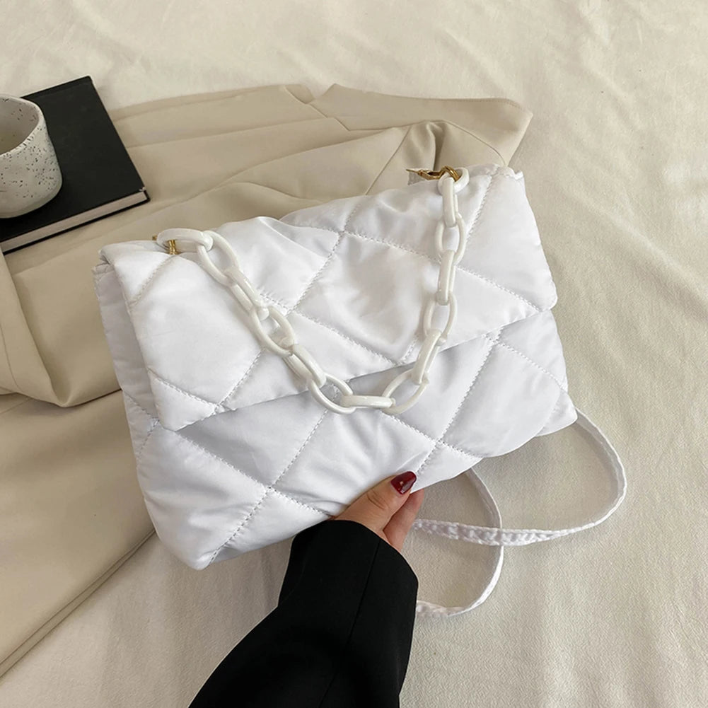 Matte Pink Rhombic Handbag Feather Down Bag Chain Tote Purse