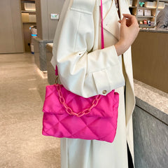 Matte Pink Rhombic Handbag Feather Down Bag Chain Tote Purse