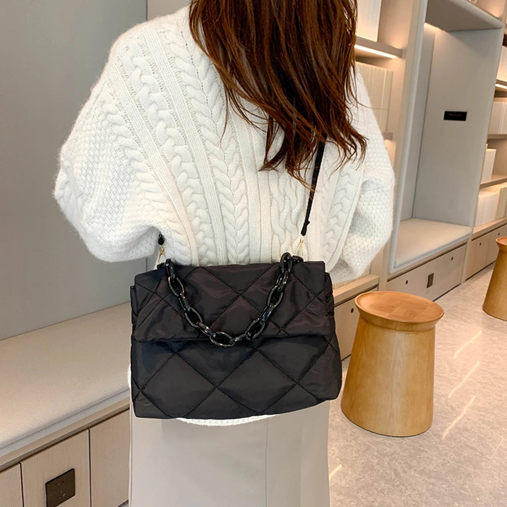 Matte Pink Rhombic Handbag Feather Down Bag Chain Tote Purse