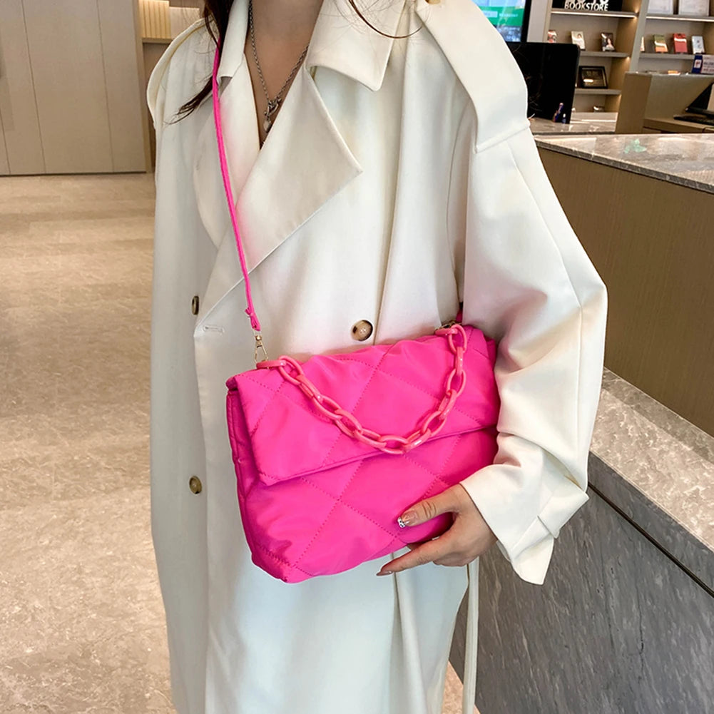 Matte Pink Rhombic Handbag Feather Down Bag Chain Tote Purse