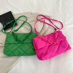 Matte Pink Rhombic Handbag Feather Down Bag Chain Tote Purse