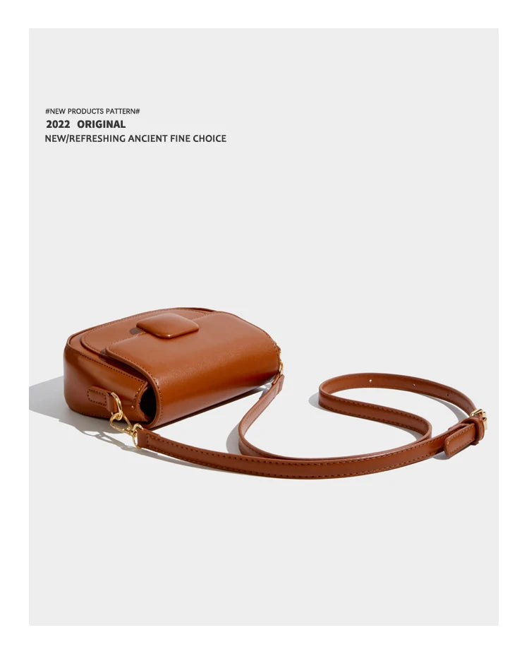 Maxdutti Solid Leather Messenger Bag Women Blogger Retro Saddle Bag