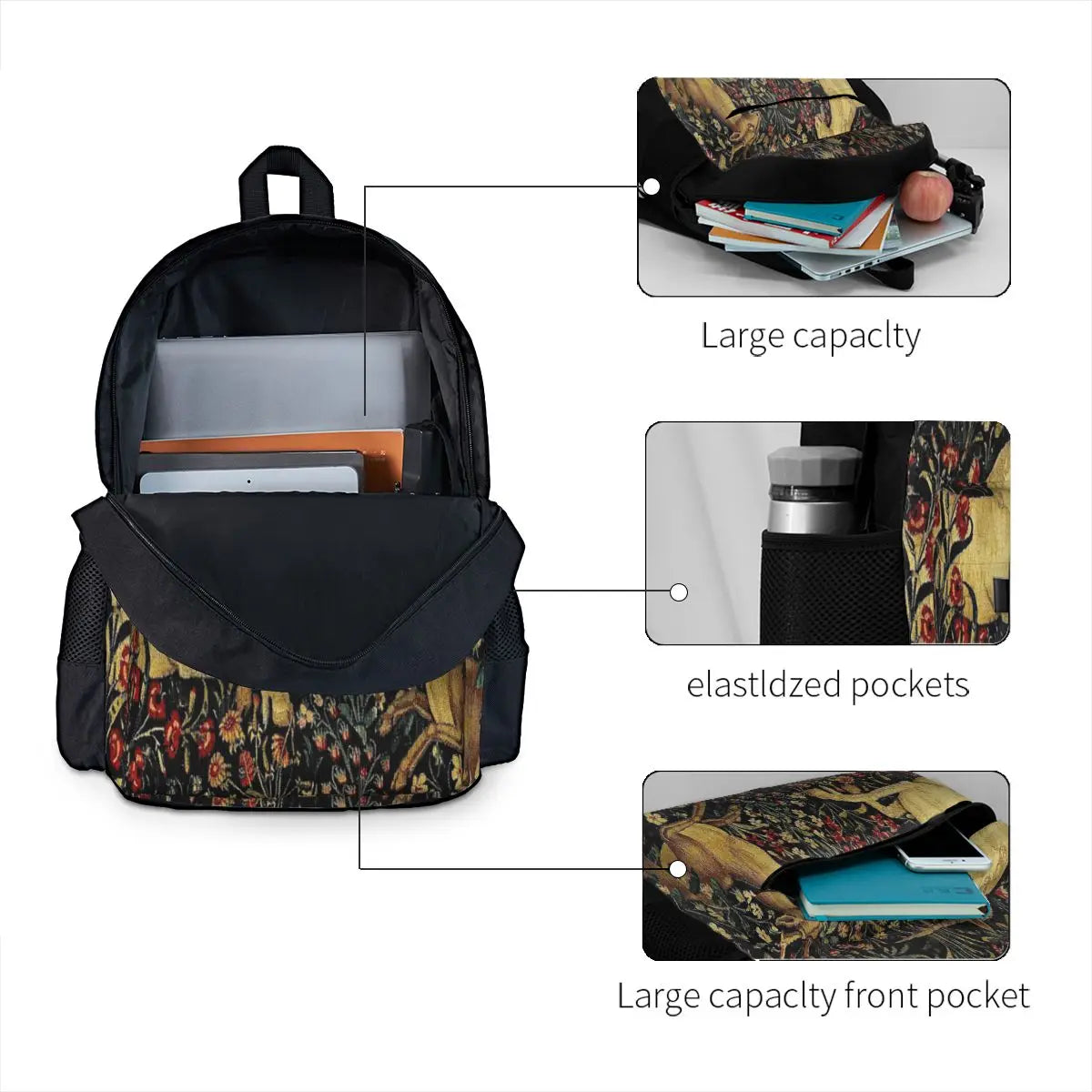 Medieval Unicorn Midnight Floral Backpack Men Women Unis