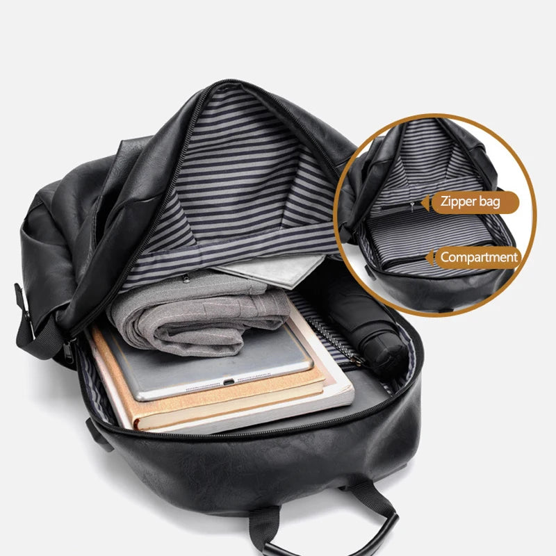Men Backpack Large Capacity Campus Book Bag Leather Laptop Business