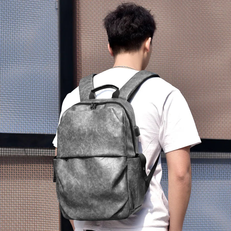 Men Backpack Large Capacity Campus Book Bag Leather Laptop Business