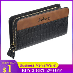 Men Leather Wallet Double Zipper Crocodile Stripe Brown Bag