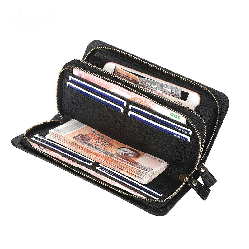 Men Leather Wallet Double Zipper Crocodile Stripe Brown Bag