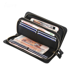 Men Leather Wallet Double Zipper Crocodile Stripe Brown Bag