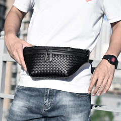 Men Chest Bag Woven Fanny Pack Leather Shoulder Bags Automatic buckle Belt Bag