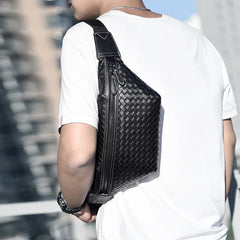 Men Chest Bag Woven Fanny Pack Leather Shoulder Bags Automatic buckle Belt Bag
