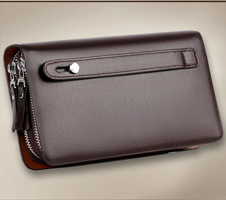 Men Clutch Bag Leather Long Purse Double Zipper Business Wallet Brown