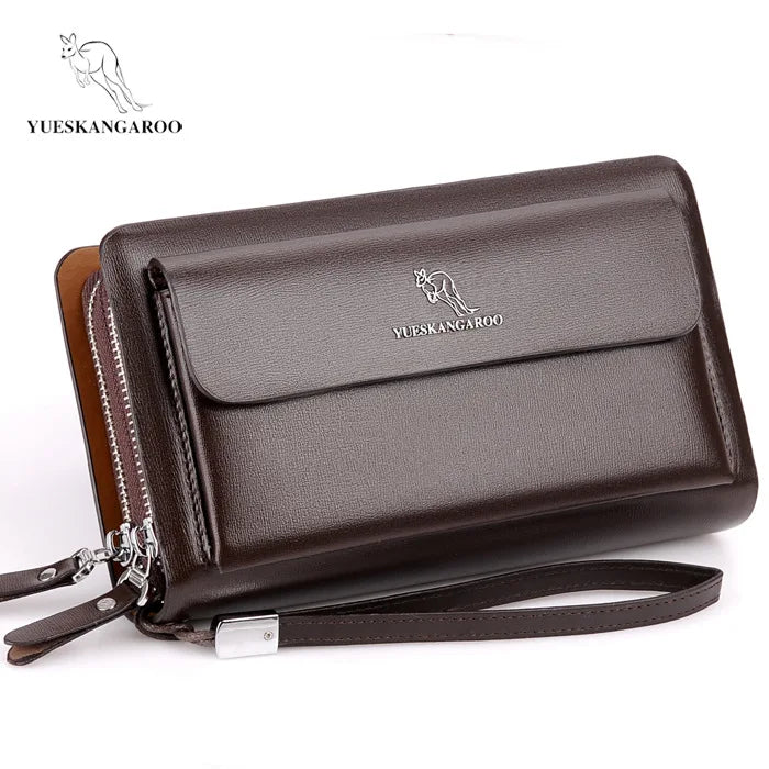 Men Clutch Bag Leather Long Purse Double Zipper Business Wallet Brown