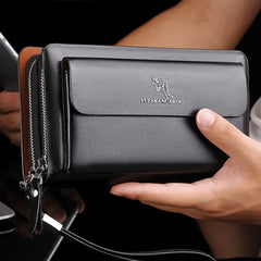 Men Clutch Bag Leather Long Purse Double Zipper Business Wallet Brown