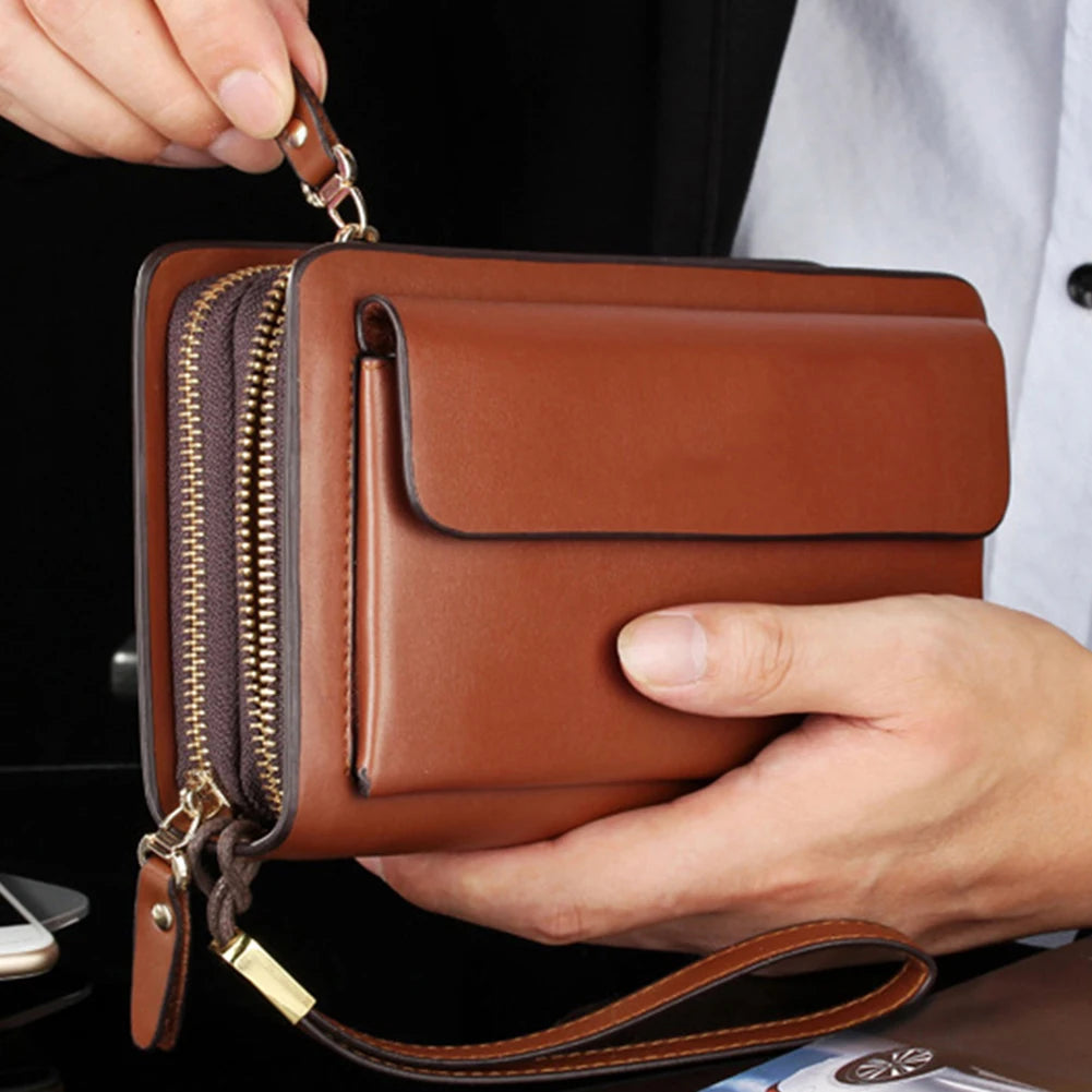 Men Faux Leather Double Zipper Wallet Money Holder Clip Clutch