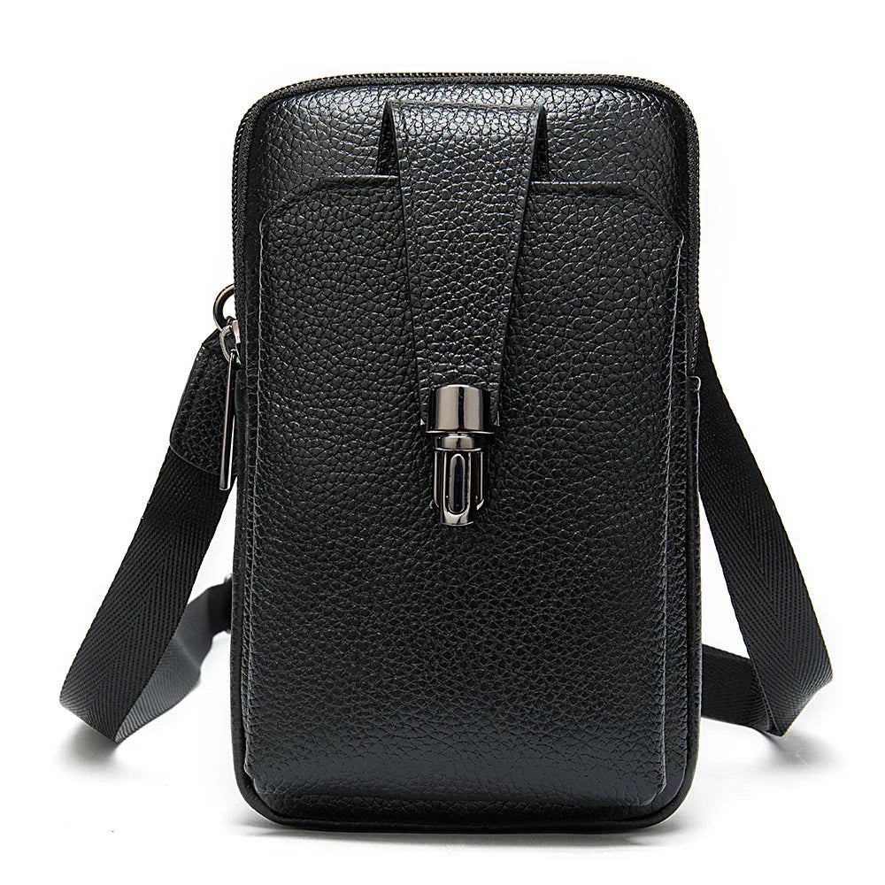 Men Leather Waist Bag Soft Embossed Leather Belt Shoulder Packet