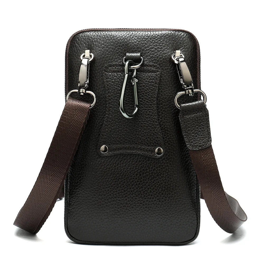Men Leather Waist Bag Soft Embossed Leather Belt Shoulder Packet