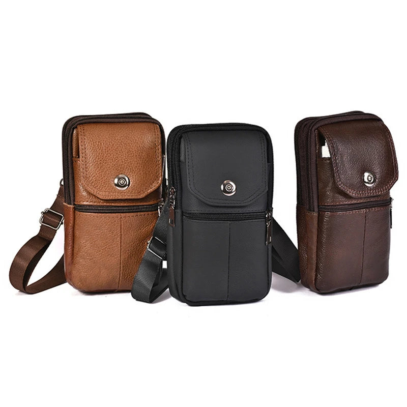 Men Leather Waist Bag Large Capacity Brown Belt Bag Crossbody Buckle