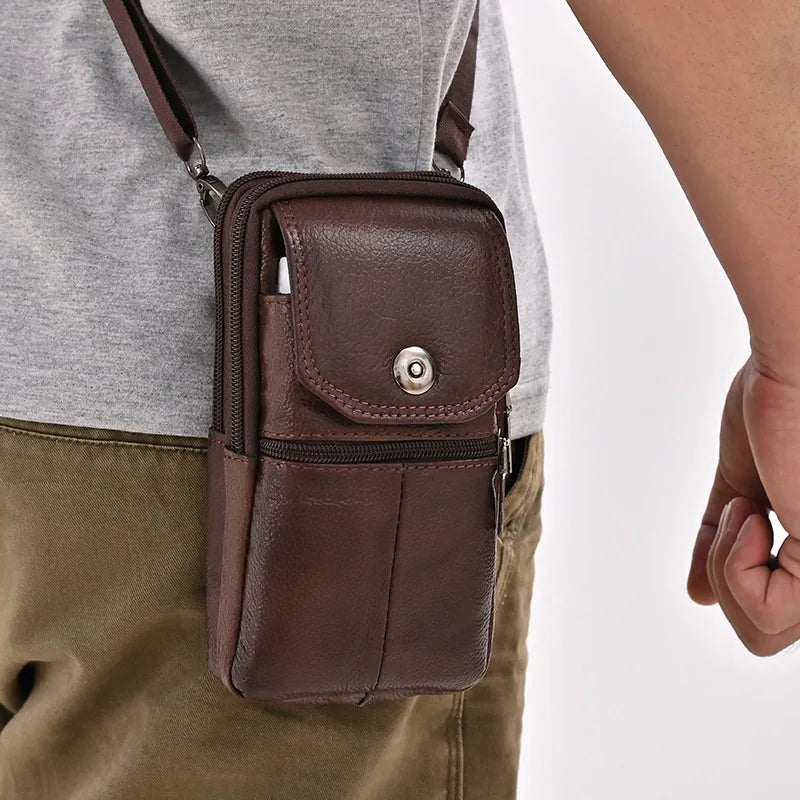 Men Leather Waist Bag Large Capacity Brown Belt Bag Crossbody Buckle