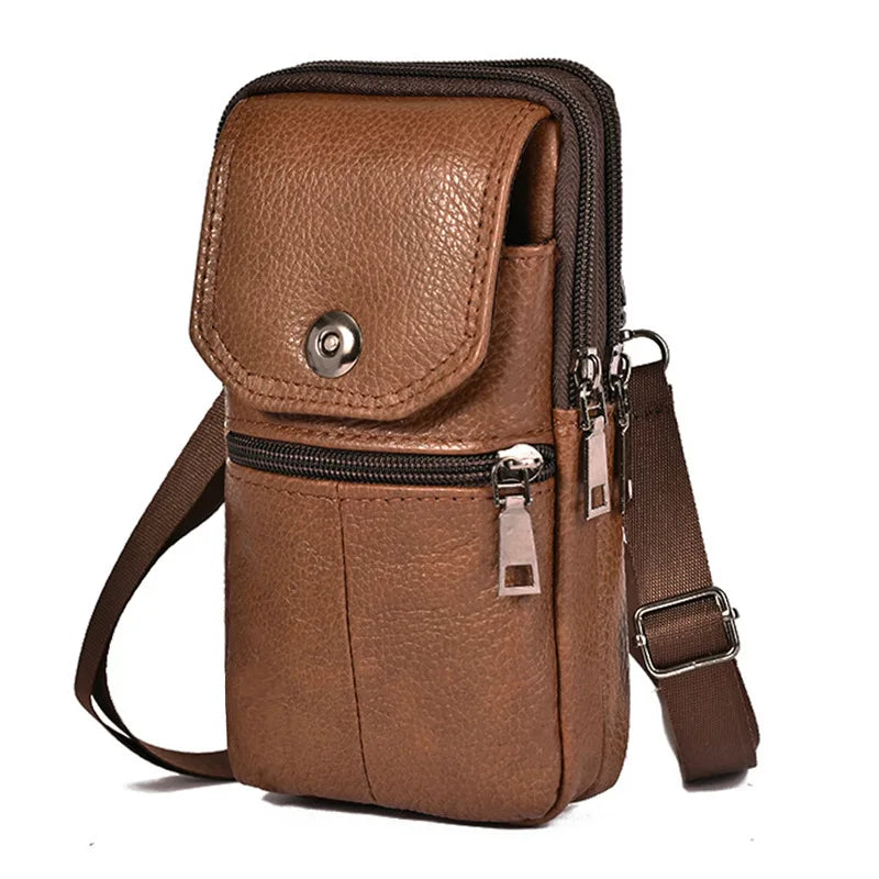 Men Leather Waist Bag Large Capacity Brown Shoulder Crossbody Bags