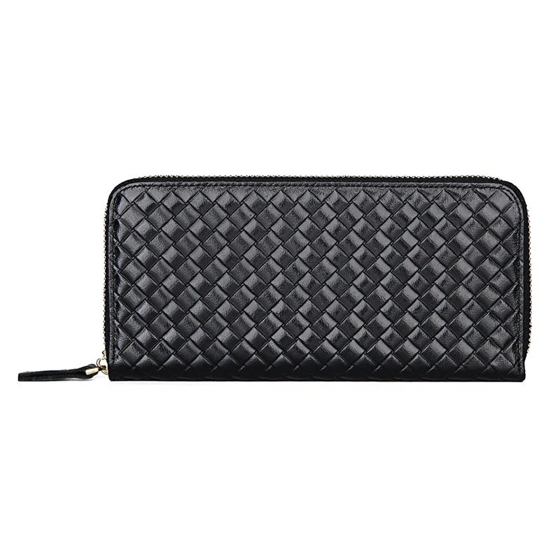 Men Long Wallet Cow Leather 100% Baby Cow Leather Woven Clutch Bag