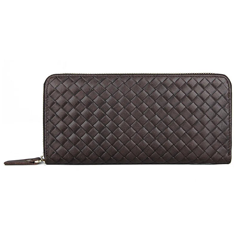 Men Long Wallet Cow Leather 100% Baby Cow Leather Woven Clutch Bag
