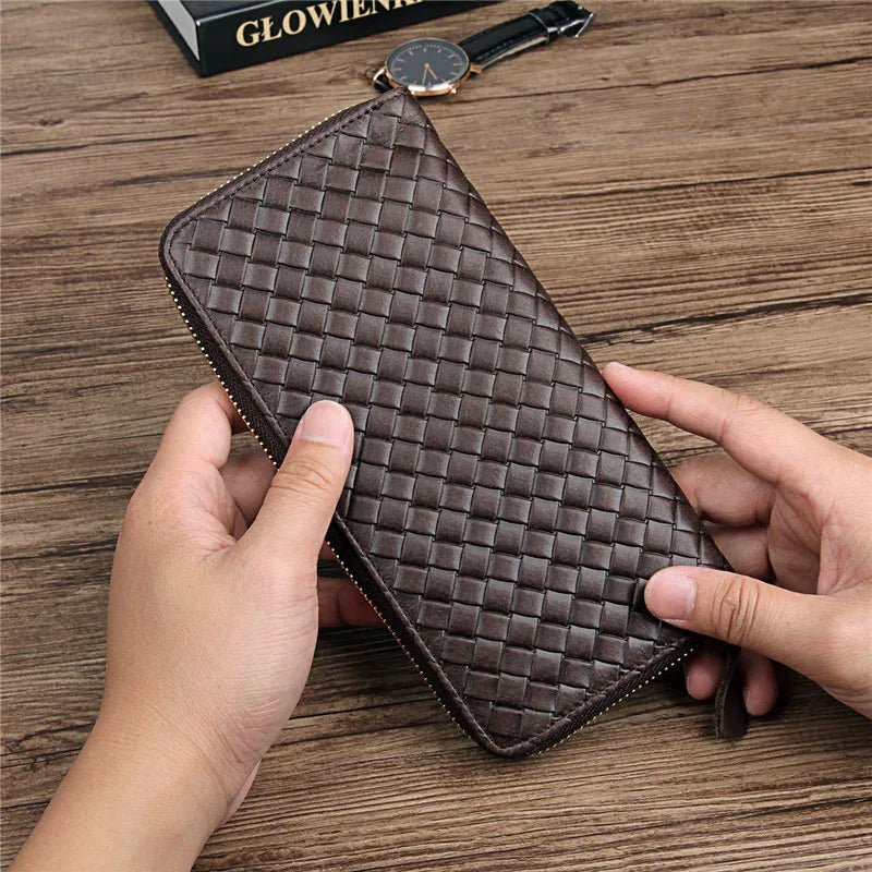 Men Long Wallet Cow Leather 100% Baby Cow Leather Woven Clutch Bag