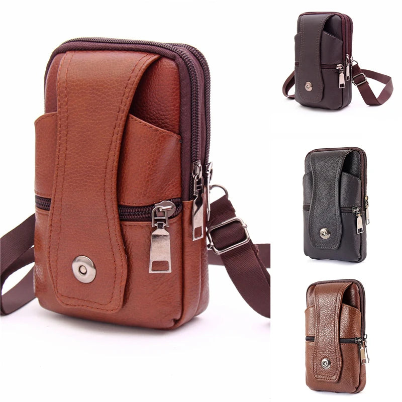 Men Pu Leather Waist Bag Business Solid Mobile Phone Belt Pouch