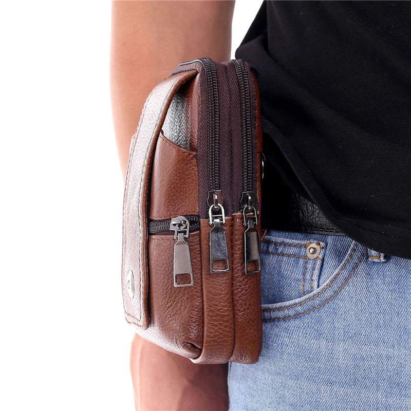 Men Pu Leather Waist Bag Business Solid Mobile Phone Belt Pouch