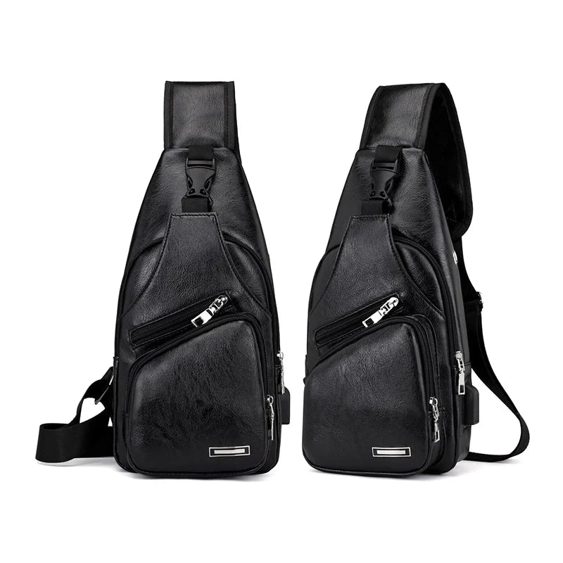 Men Shoulder Chest Bag USB Charging PU Leather For Mobile Phone