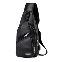 Men Shoulder Chest Bag USB Charging PU Leather For Mobile Phone