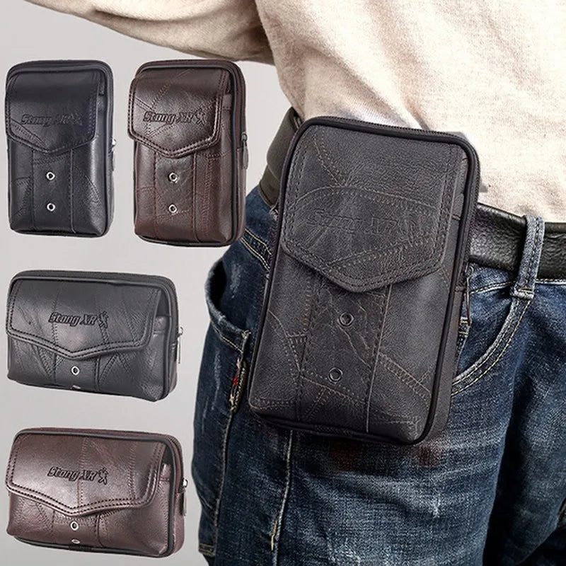Men PU Leather Waist Packs Phone Pouch Bags Large Capacity Zipper Pourse