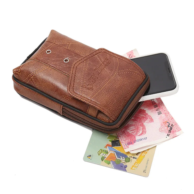 Men PU Leather Waist Packs Phone Pouch Bags Large Capacity Zipper Pourse