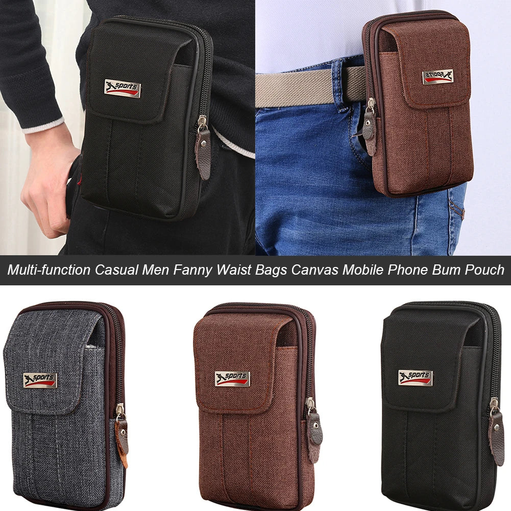 Men Canvas Waist Purse Casual Fanny Multi-function Phone Pocket Business Waist B