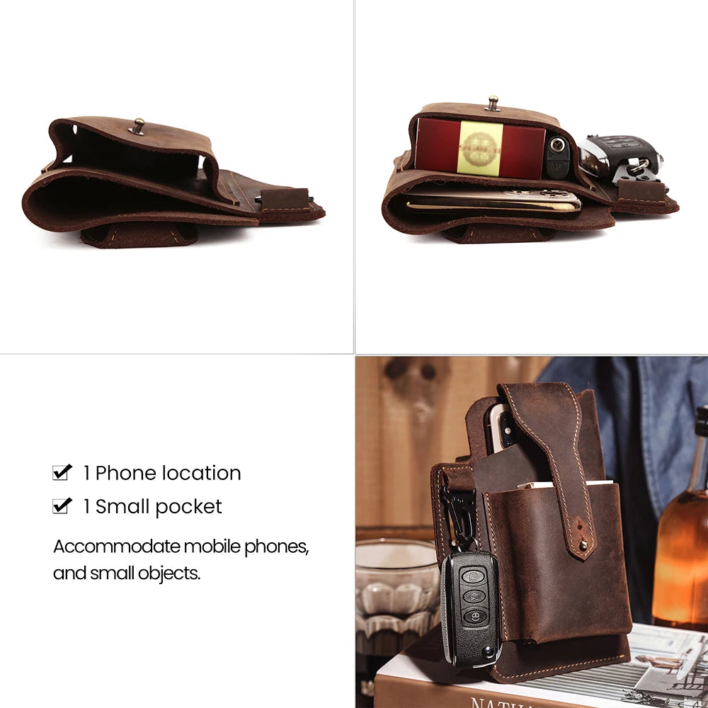 Men Leather Waist Pack Retro Phone Bag Multifunctional Belt Pockets