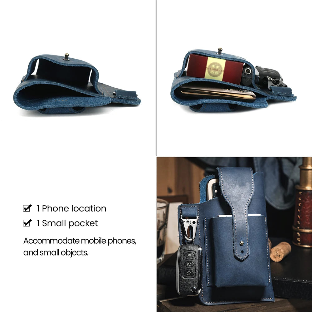 Men Leather Waist Pack Retro Phone Bag Multifunctional Belt Pockets