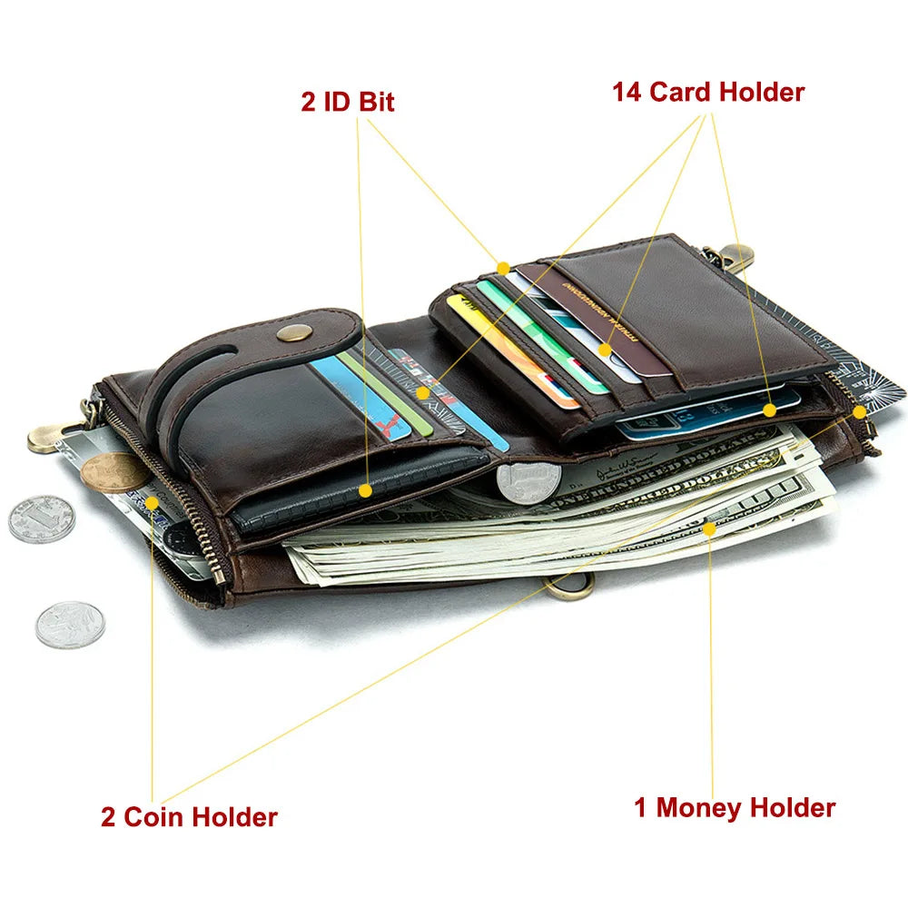 Men Leather Wallet Chain Zipper Male Purse Engraving Vintage High Quality