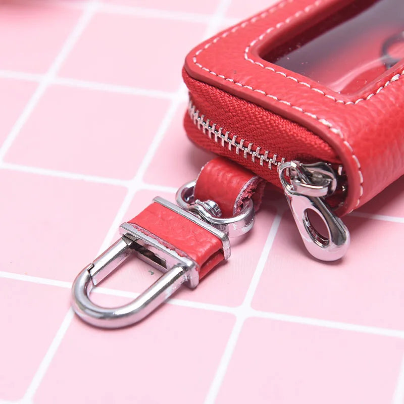 Leather Car Key Case Cowhide Cover Fob Key Chain Zipper Wallet Key