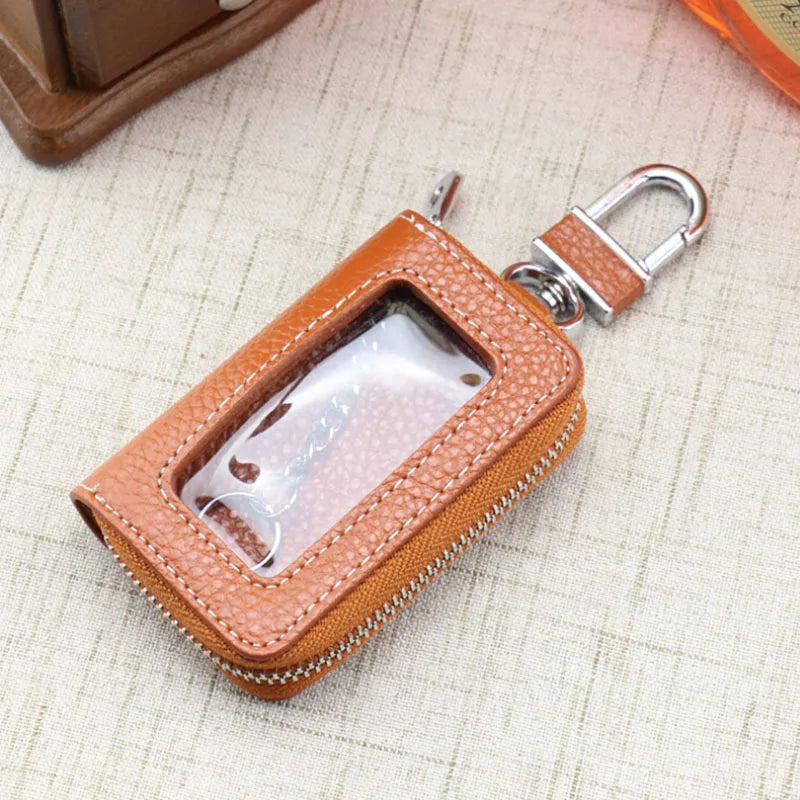 Leather Car Key Case Cowhide Cover Fob Key Chain Zipper Wallet Key