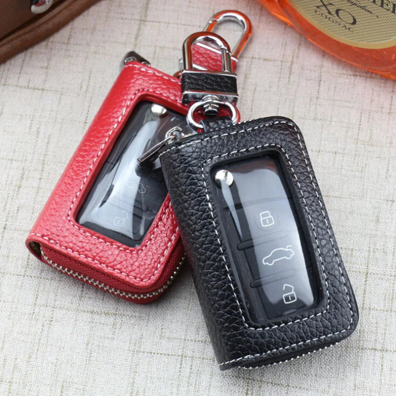 Leather Car Key Case Cowhide Cover Fob Key Chain Zipper Wallet Key
