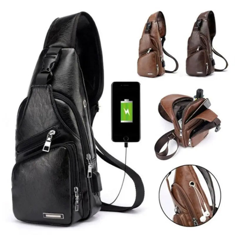 Men's PU Leather Sling Bag Cross Body Cycle Pack Travel Bag