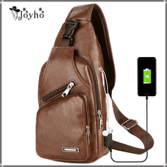 Men's Leather Chest Bag USB Charging Waterproof Crossbody Bag