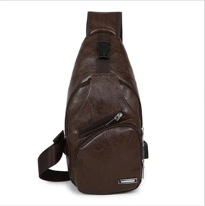 Men's Leather Chest Bag USB Charging Waterproof Crossbody Bag