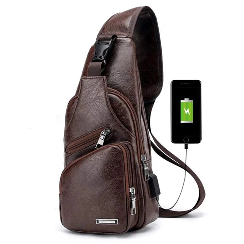Men's Chest Bag USB Charge Port Crossbody Pu Leather Vintage Business Bag