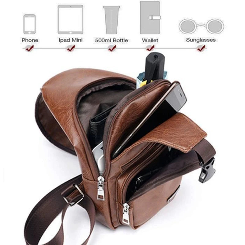 Men's Chest Bag USB Charge Port Crossbody Pu Leather Vintage Business Bag