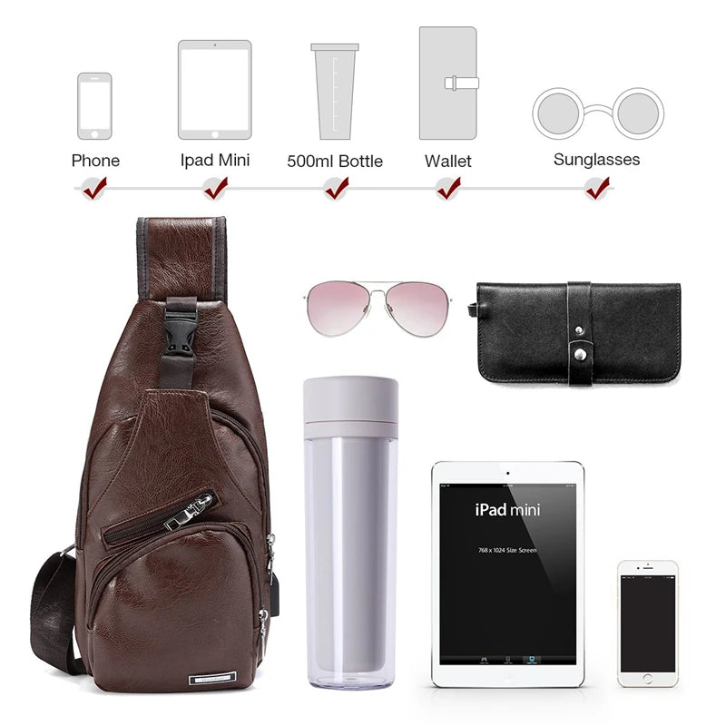Men's Chest Bag Charge Port USB Crossbody Vintage Business Pouch Dark Brown