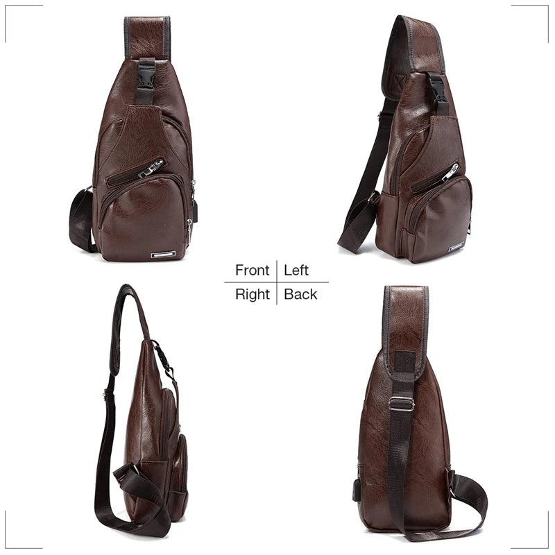 Men's Chest Bag Charge Port USB Crossbody Vintage Business Pouch Dark Brown