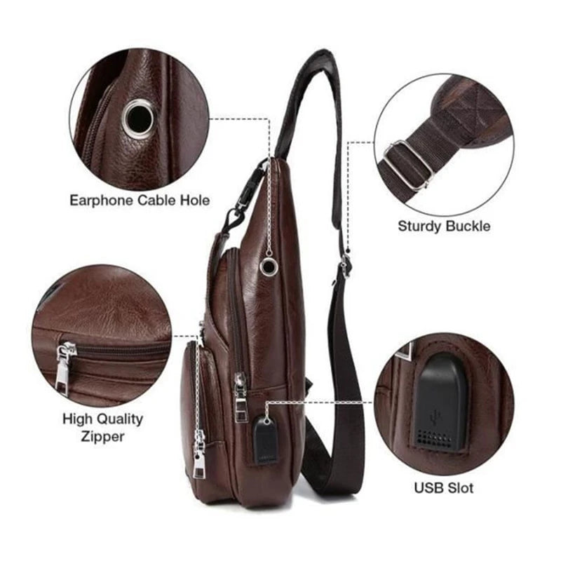 Men's Chest Bag Charge Port USB Crossbody Vintage Business Pouch Dark Brown